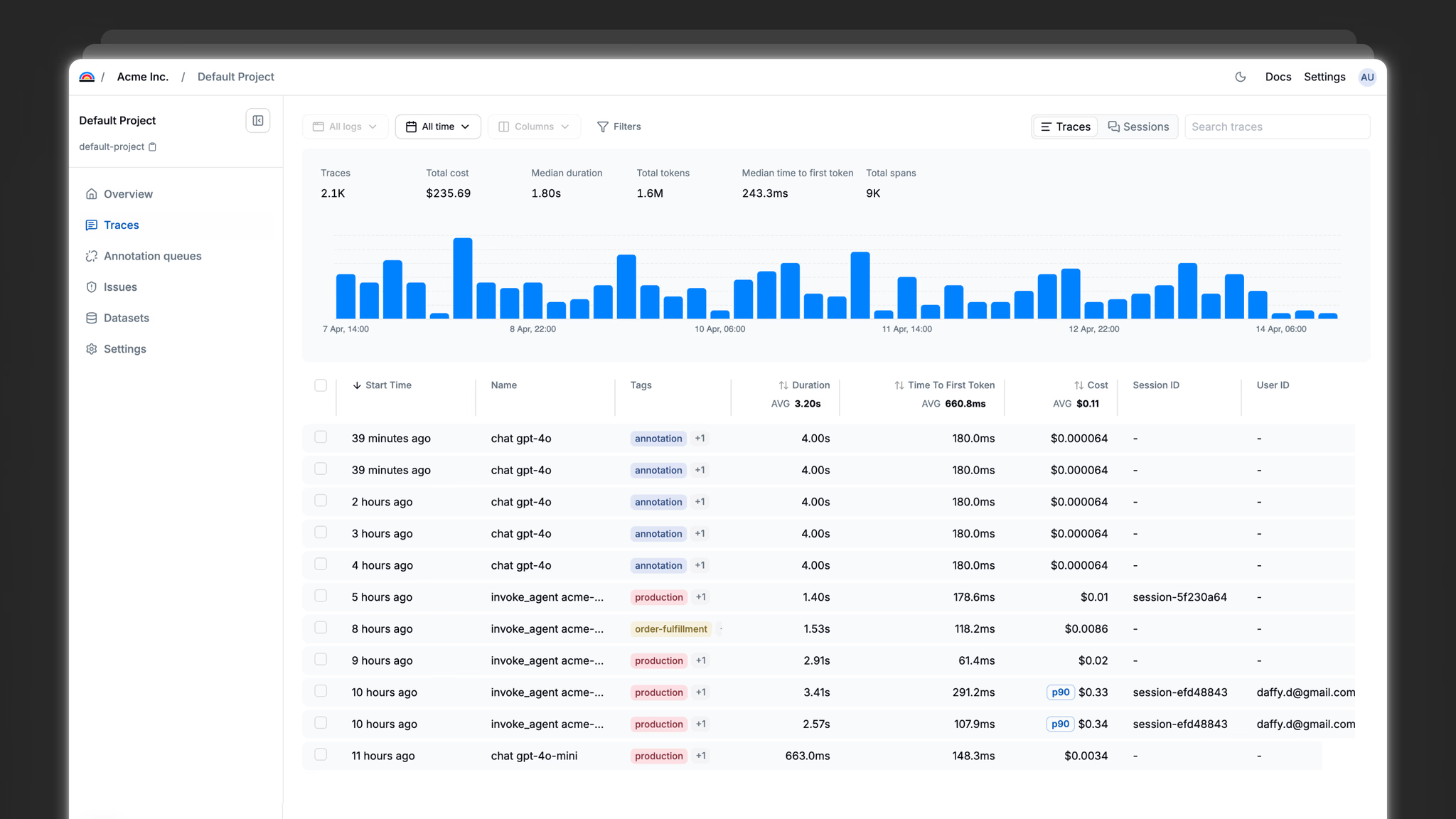 Latitude traces dashboard showing agent spans, latency, and cost metrics