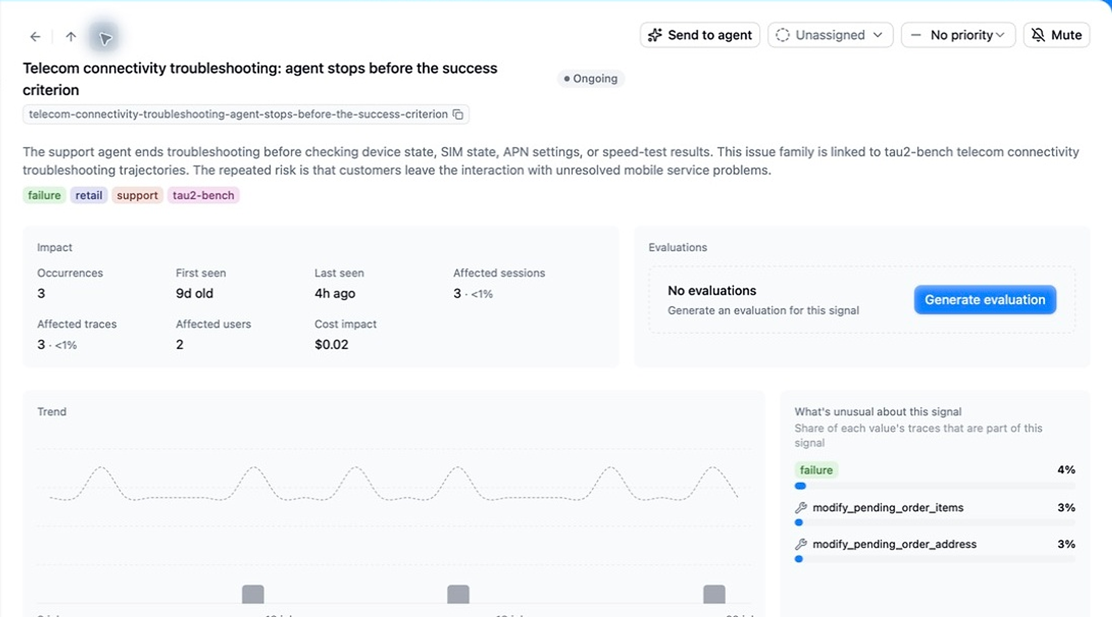 Issue detail view with impact metrics, trend analysis, and one-click eval generation